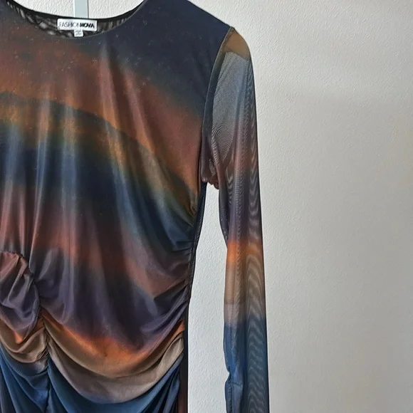 BodyCon Dress L Ruched Ombre Sunset Sheer Sleeves Y2K Dark Fairy Ethereal Grunge - Picture 9 of 15